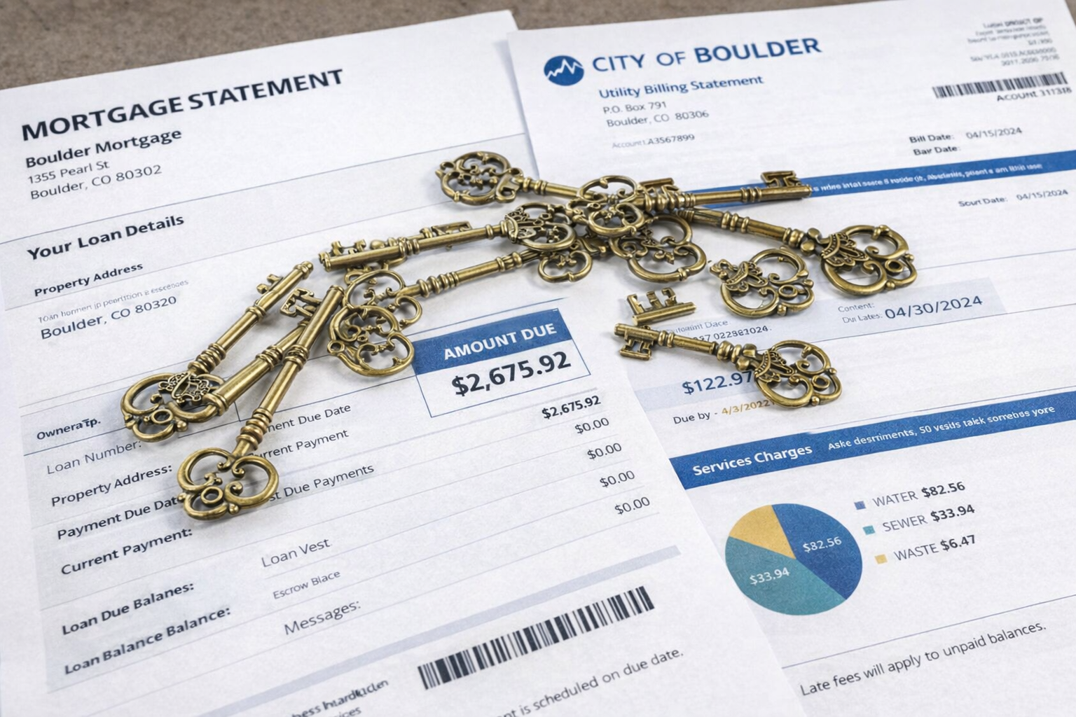 Mortgage statement and house keys during probate for a Boulder home.