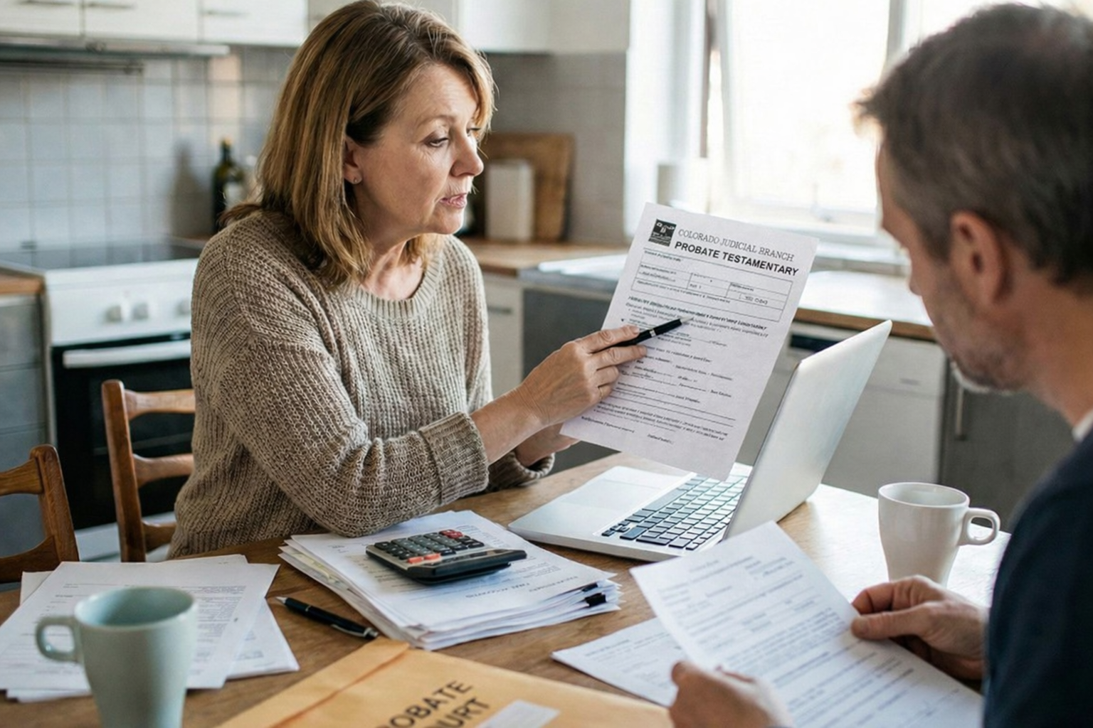 Family reviewing probate real estate decisions in a Boulder home.hoot with local paperwork staging.