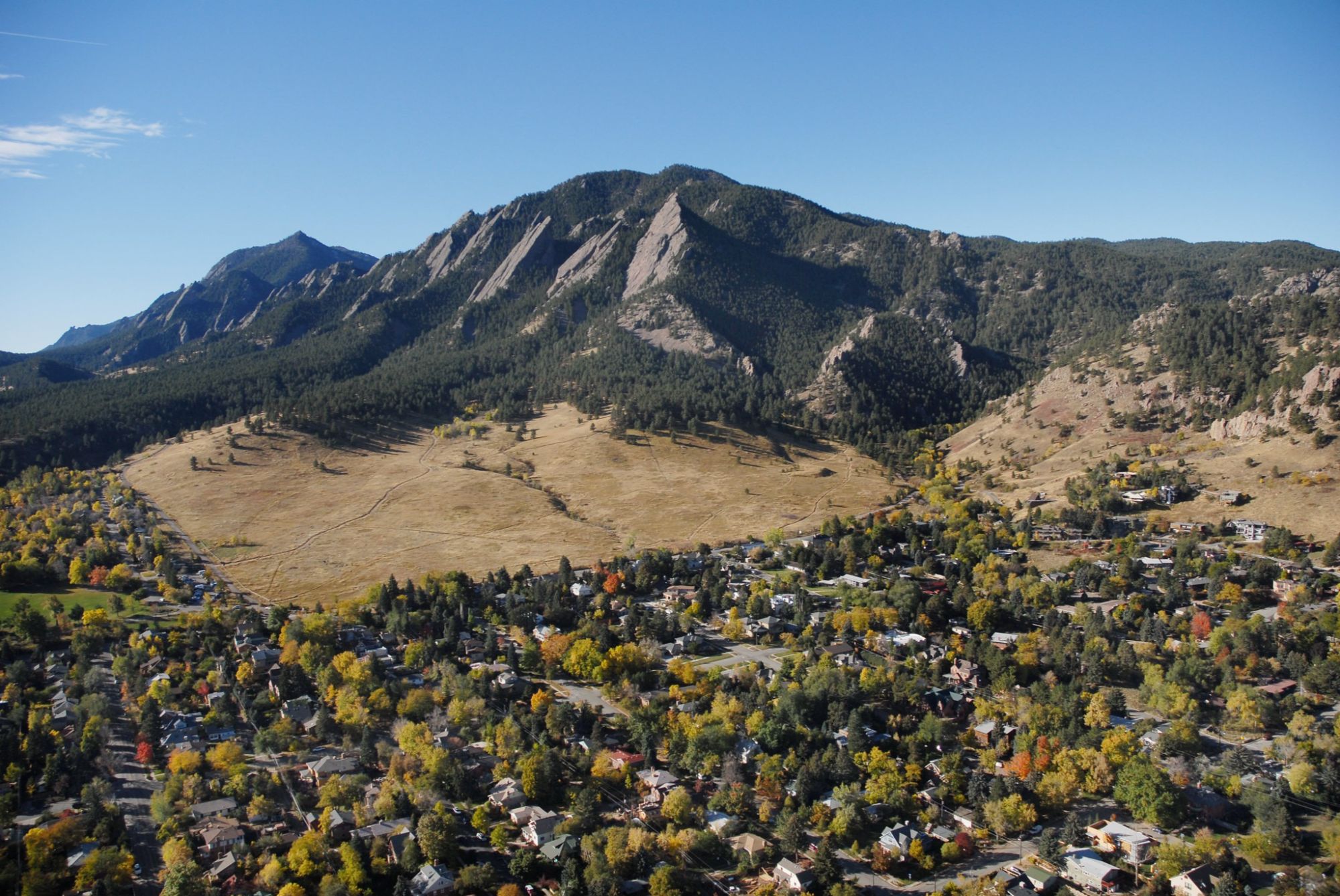 Aerial view of Boulder, Colorado, showing limited developable land and protected open space.