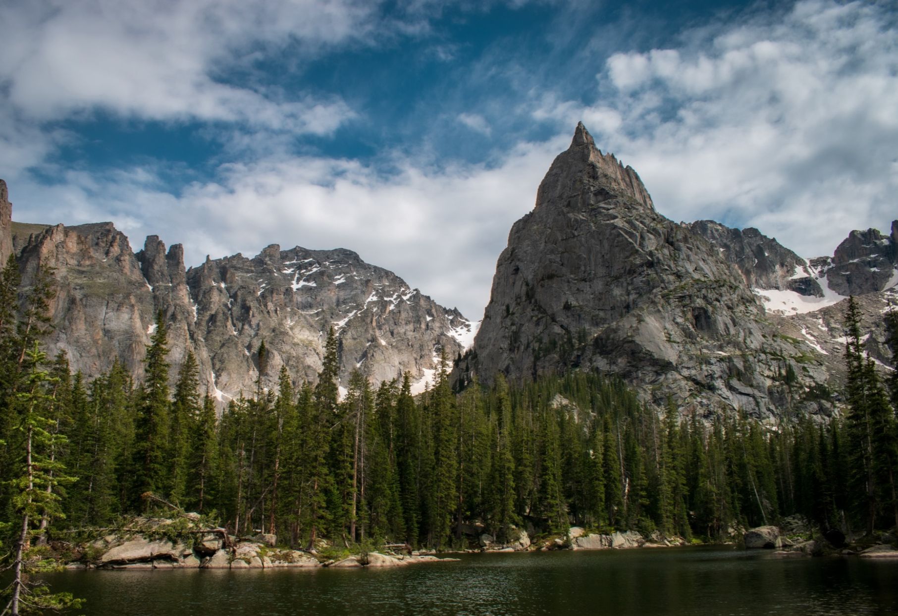 Lone Eagle Peak rising above Crater Lake in the Indian Peaks Wilderness on a day trip from Boulder.