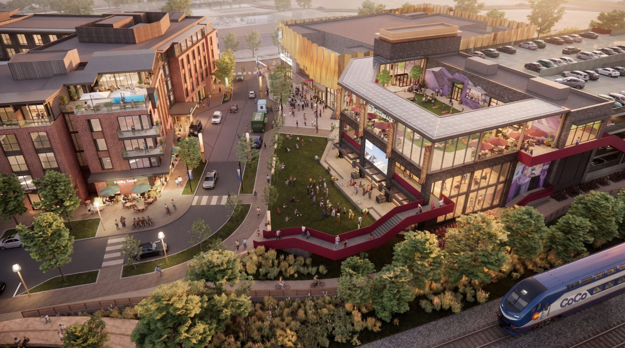 Aerial rendering of the Pearl Arts District mixed-use development in East Boulder, Colorado, featuring a performing arts venue, housing, hotel, and public plaza