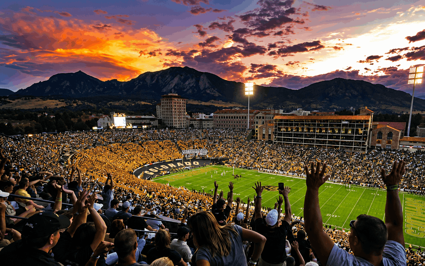 Folsom Field at the University of Colorado Boulder during a home football game with the Rocky Mountain Flatirons visible above the stadium