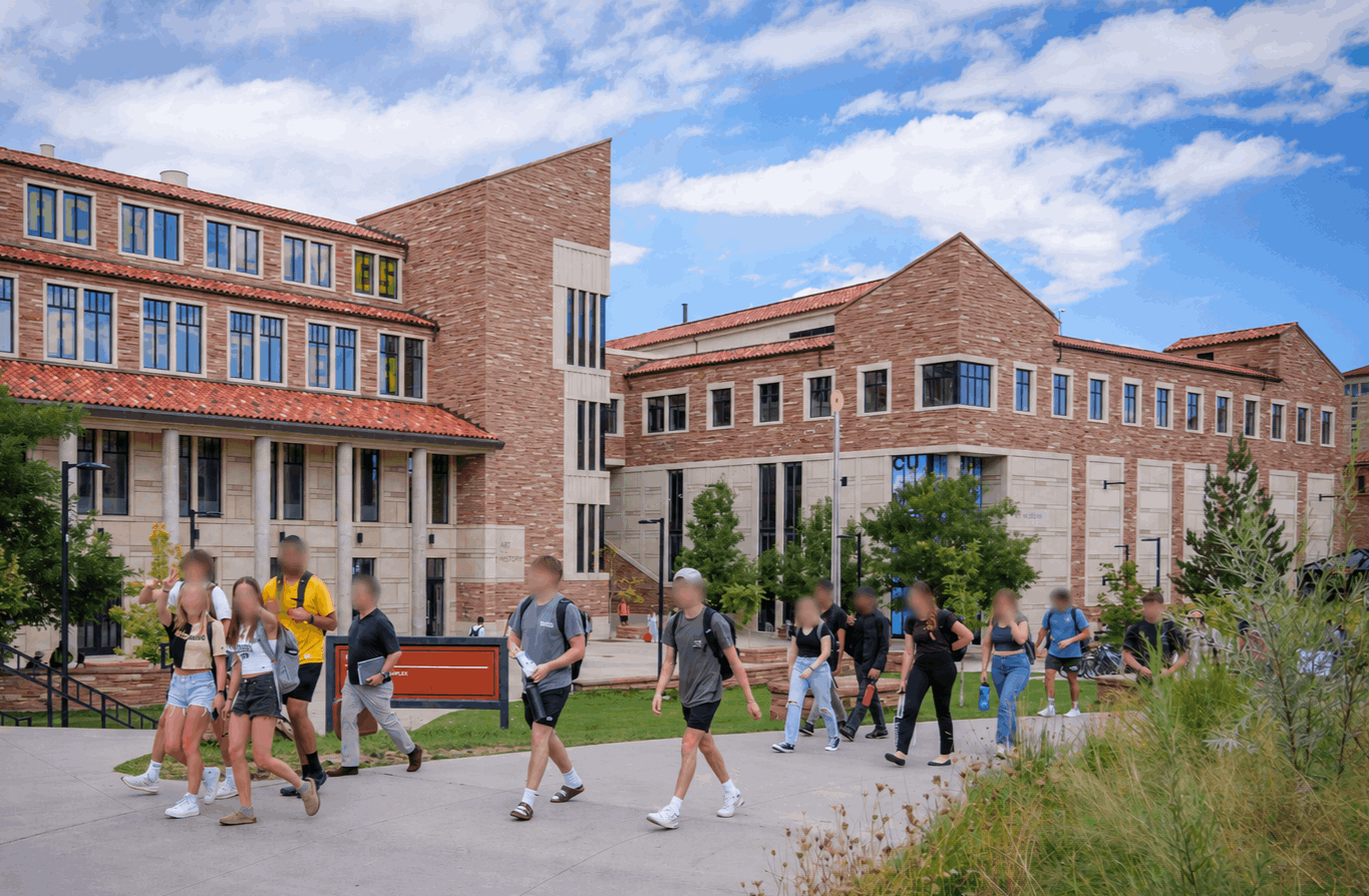 Students walking on the University of Colorado Boulder campus near the Hill neighborhood on a sunny Colorado day