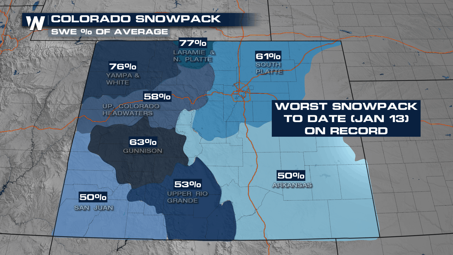 Colorado Rocky Mountain peaks above Boulder County showing historically low snowpack levels affecting the city's Middle Boulder Creek and North Boulder Creek water supply in 2026