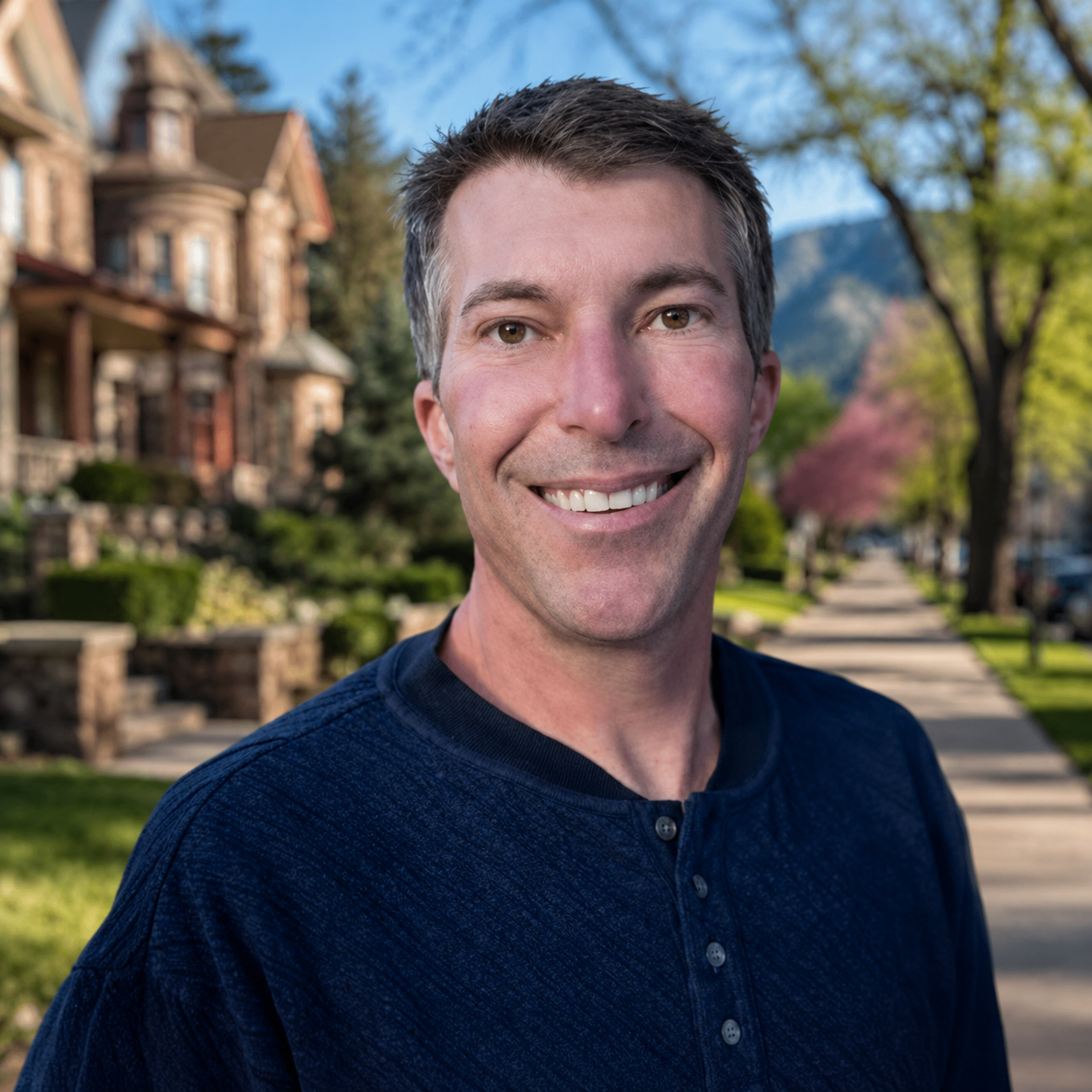 Eric Farran with tree-lined residential street in Mapleton Hill neighborhood in Boulder, Colorado, with historic Craftsman homes