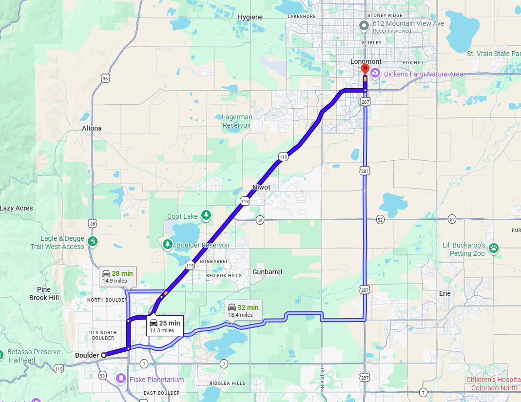 Boulder to Boulder to Longmont day trip map for Colorado Pizza Festival