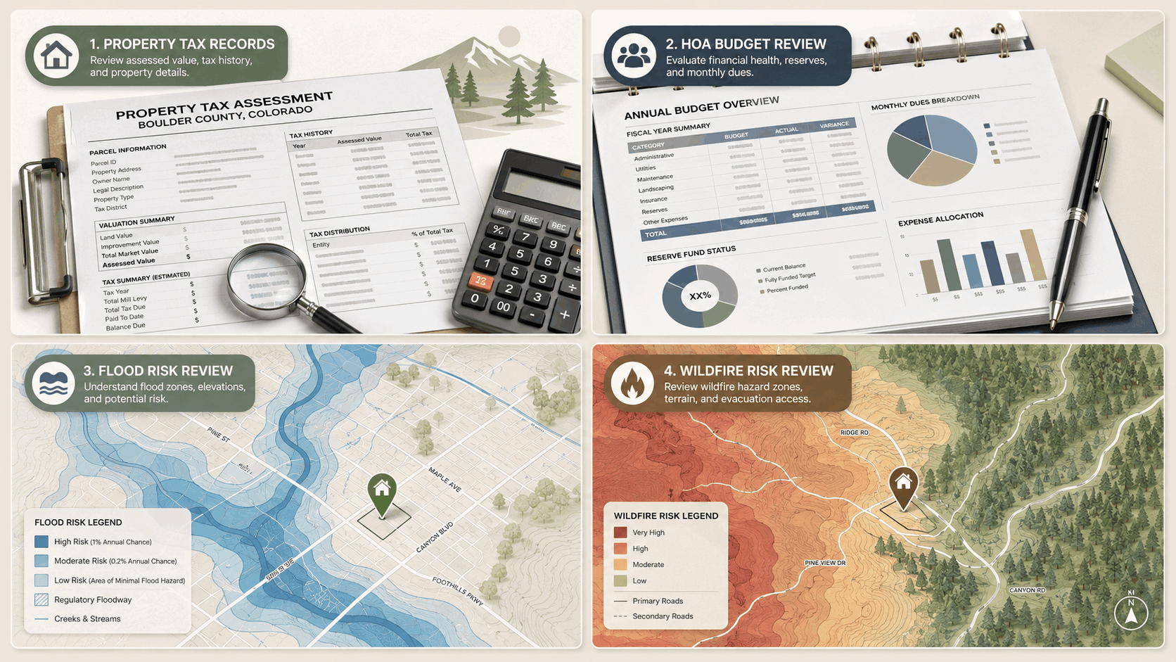 Property-cost due-diligence graphic with tax, HOA, floodplain, and wildfire information for a Boulder home purchase