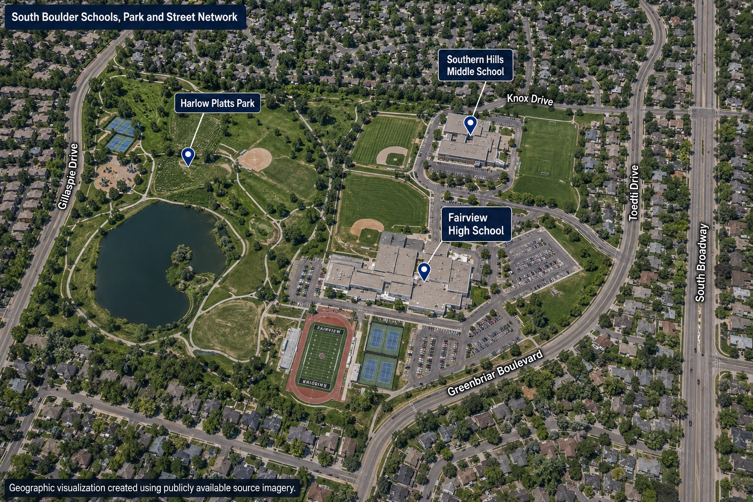 South Boulder view showing Viele Lake, Harlow Platts Park and the area near Southern Hills Middle School and Fairview High School