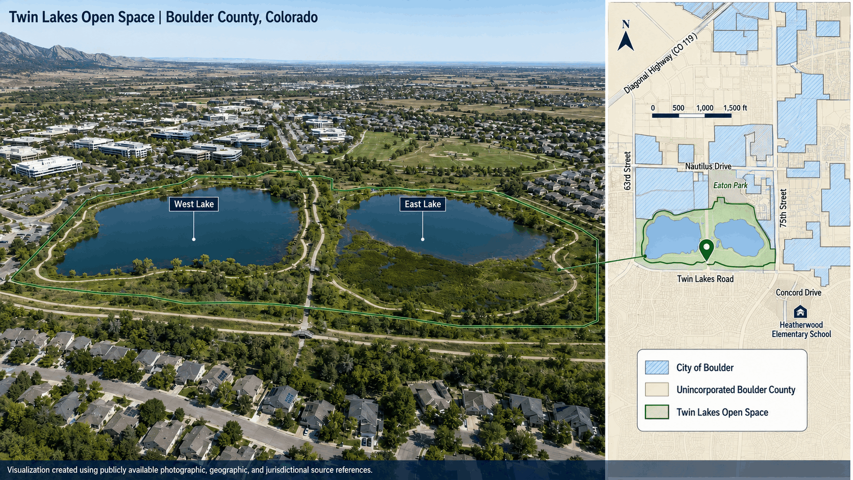Twin Lakes Open Space and residential areas in Gunbarrel northeast of Boulder