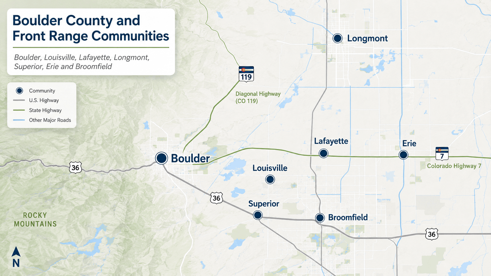 Map of Boulder Louisville Lafayette Longmont Superior Erie and Broomfield