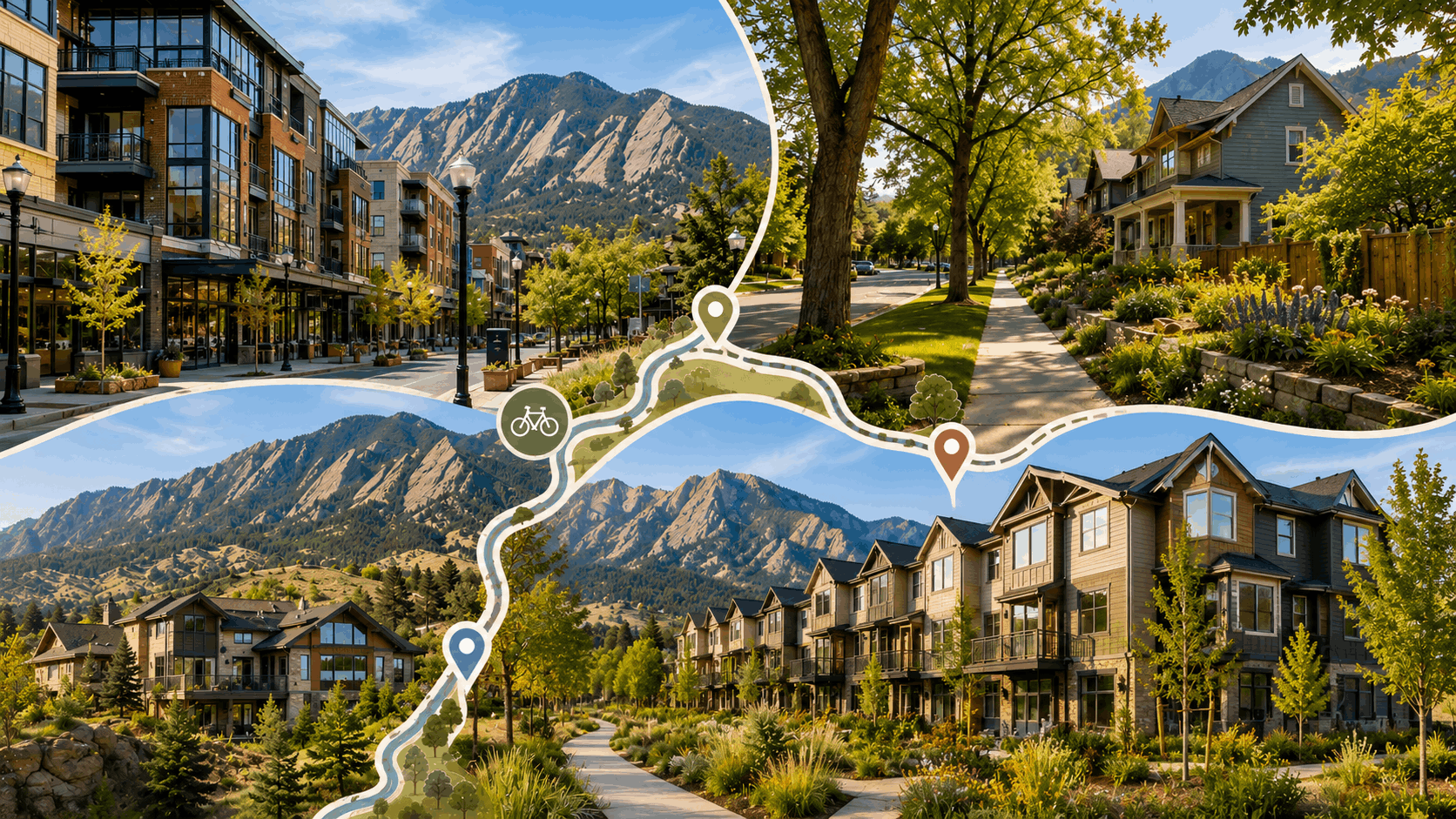 Collage of Boulder, Colorado housing styles including downtown condos and foothill homes