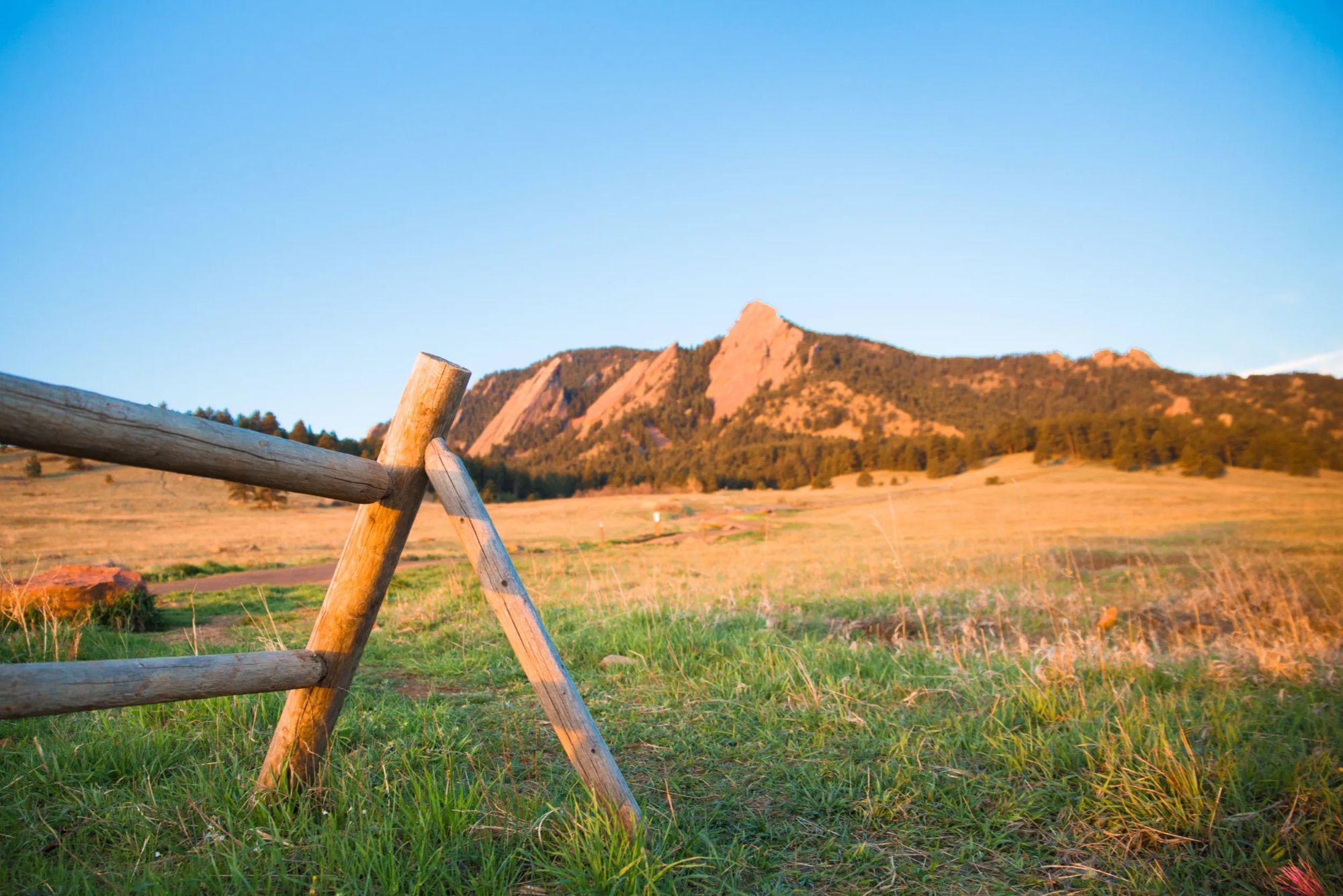 Flatirons and Chautauqua-area trails in Boulder, Colorado open space at sunrise