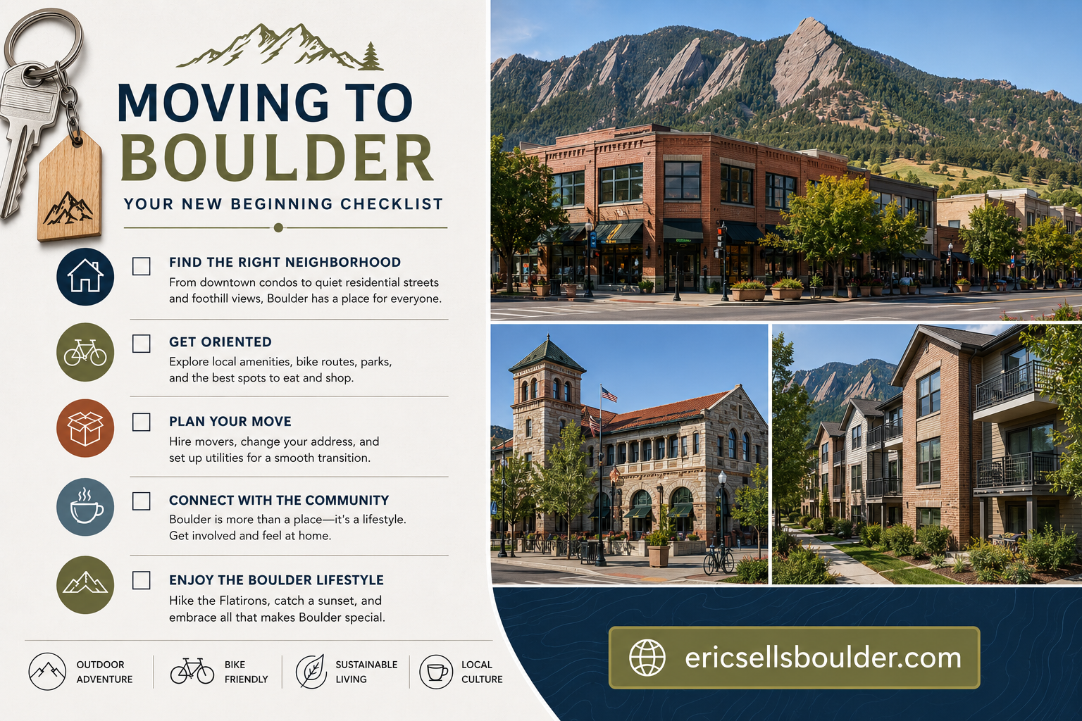 Moving to Boulder relocation checklist graphic with Eric Farran real estate branding