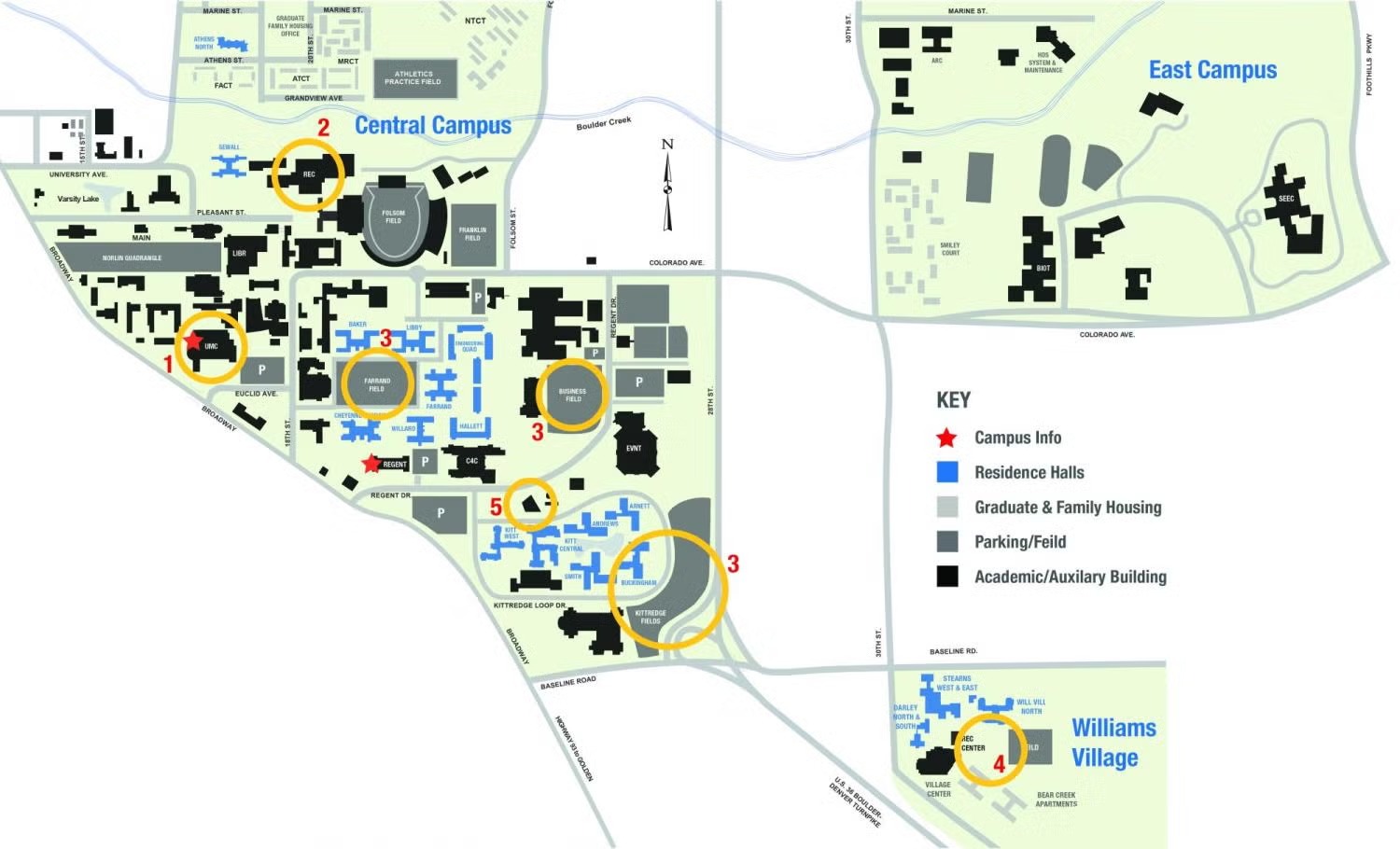 Annotated CU Boulder campus map showing academic, dining, housing and University Hill visitor stops.