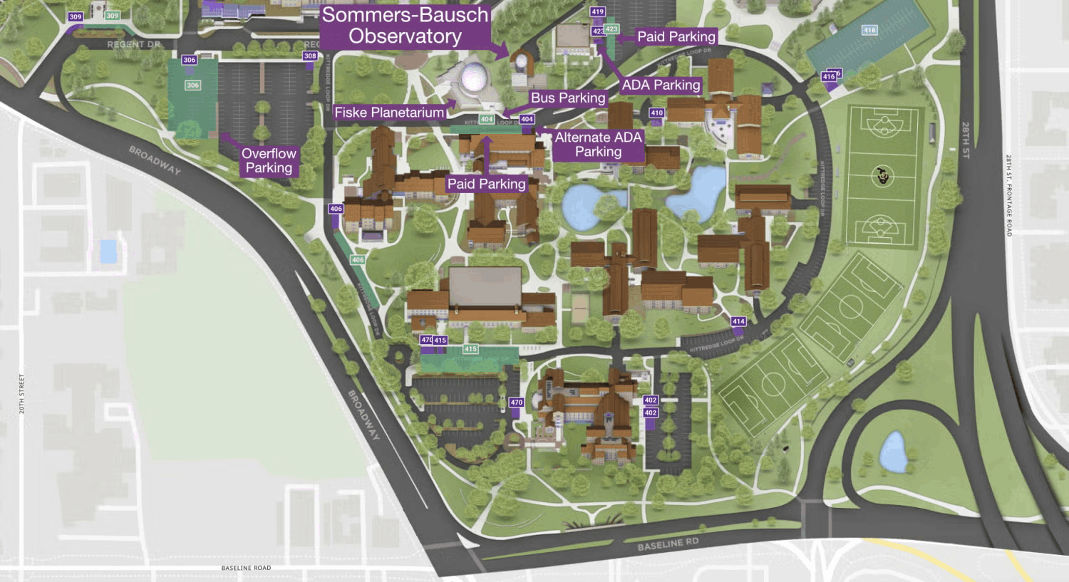 Map illustrating visitor parking and transit options around the CU Boulder campus.