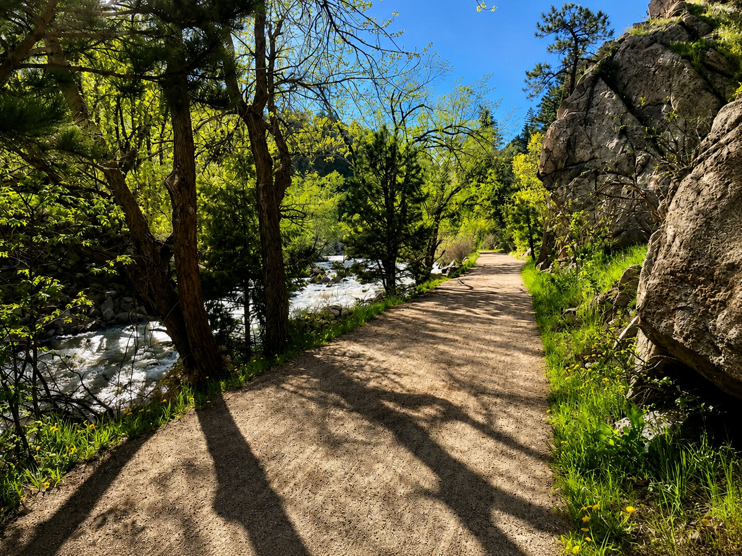 Shaded Boulder Creek Path running beside Boulder Creek in central Boulder.