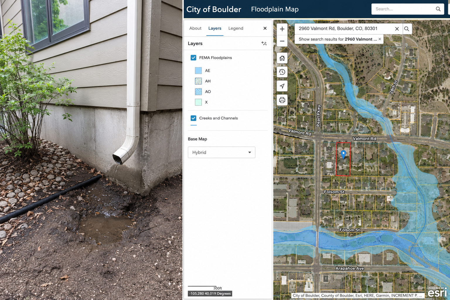 Boulder home drainage conditions compared with the city's mapped floodplain information.