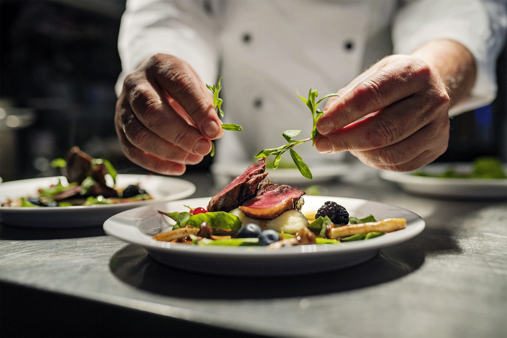 Boulder chef carefully plating a seasonal entrée in a restaurant’s open kitchen.