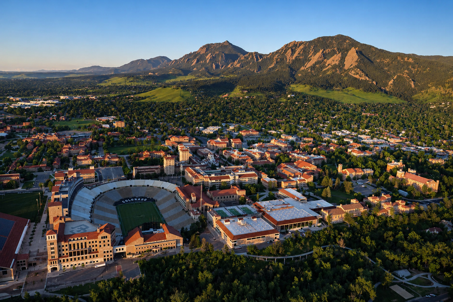 Tree-lined residential street near downtown Boulder with the Flatirons in the background.