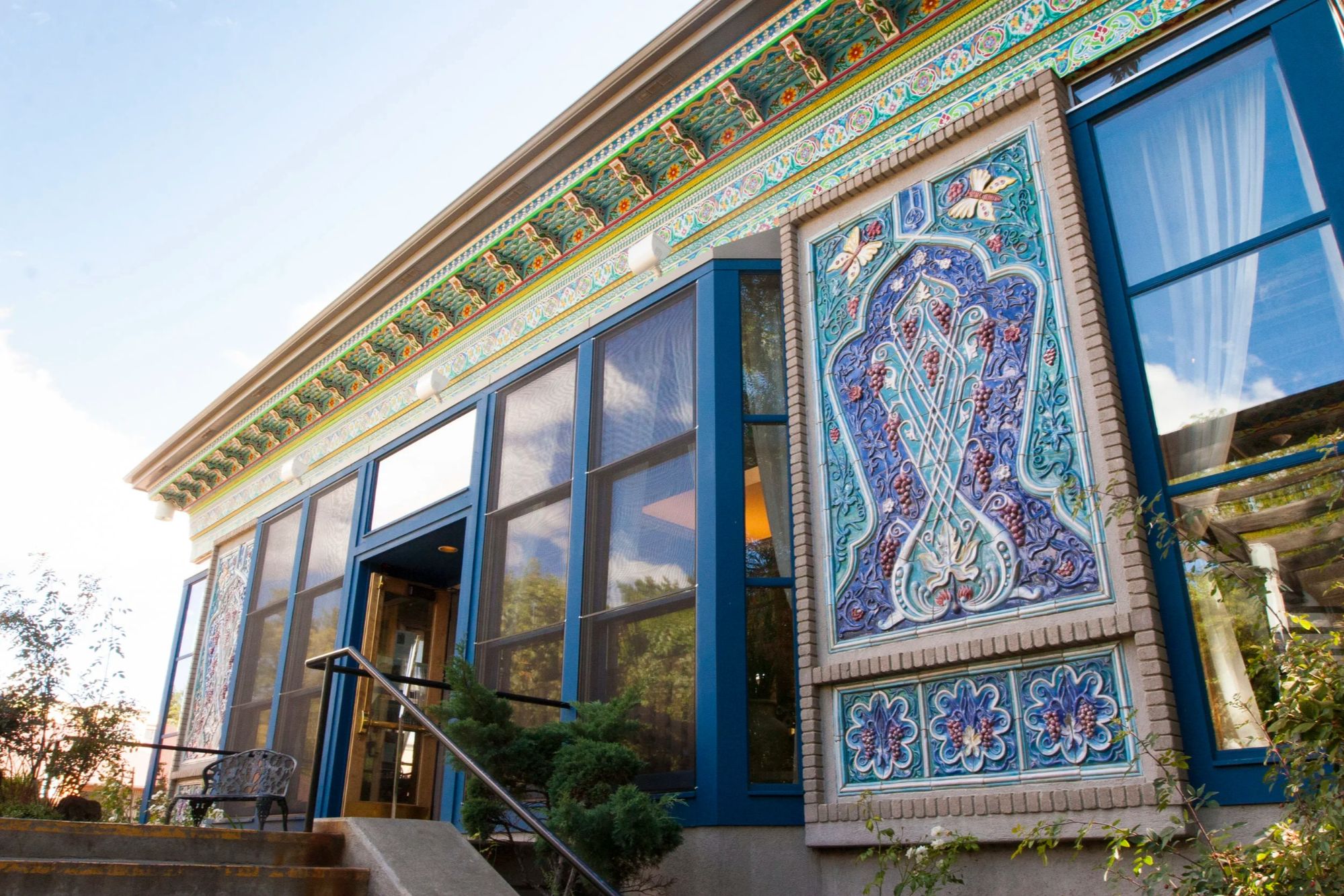 Colorful carved interior of the Boulder Dushanbe Teahouse near Boulder Creek.