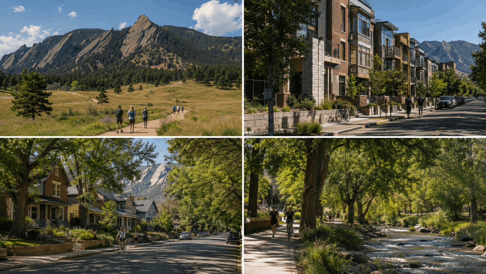 Boulder lifestyle collage featuring trails, downtown, residential streets and Boulder Creek.