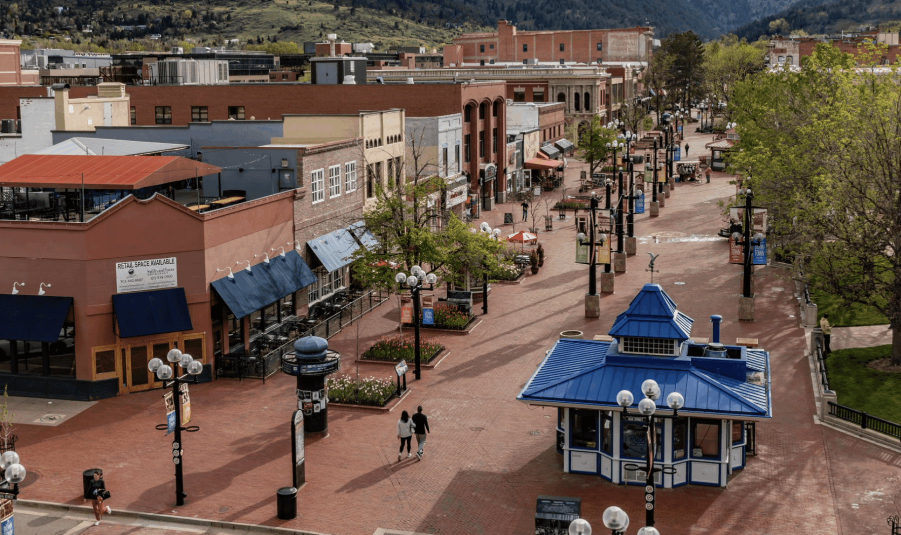 Shops, restaurants and pedestrians along Pearl Street Mall in downtown Boulder.