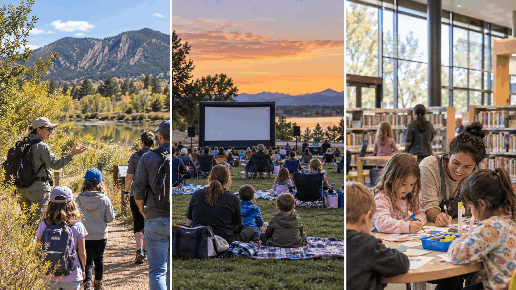 Collage representing family events in Boulder including outdoor walks, recreation programs and library activities