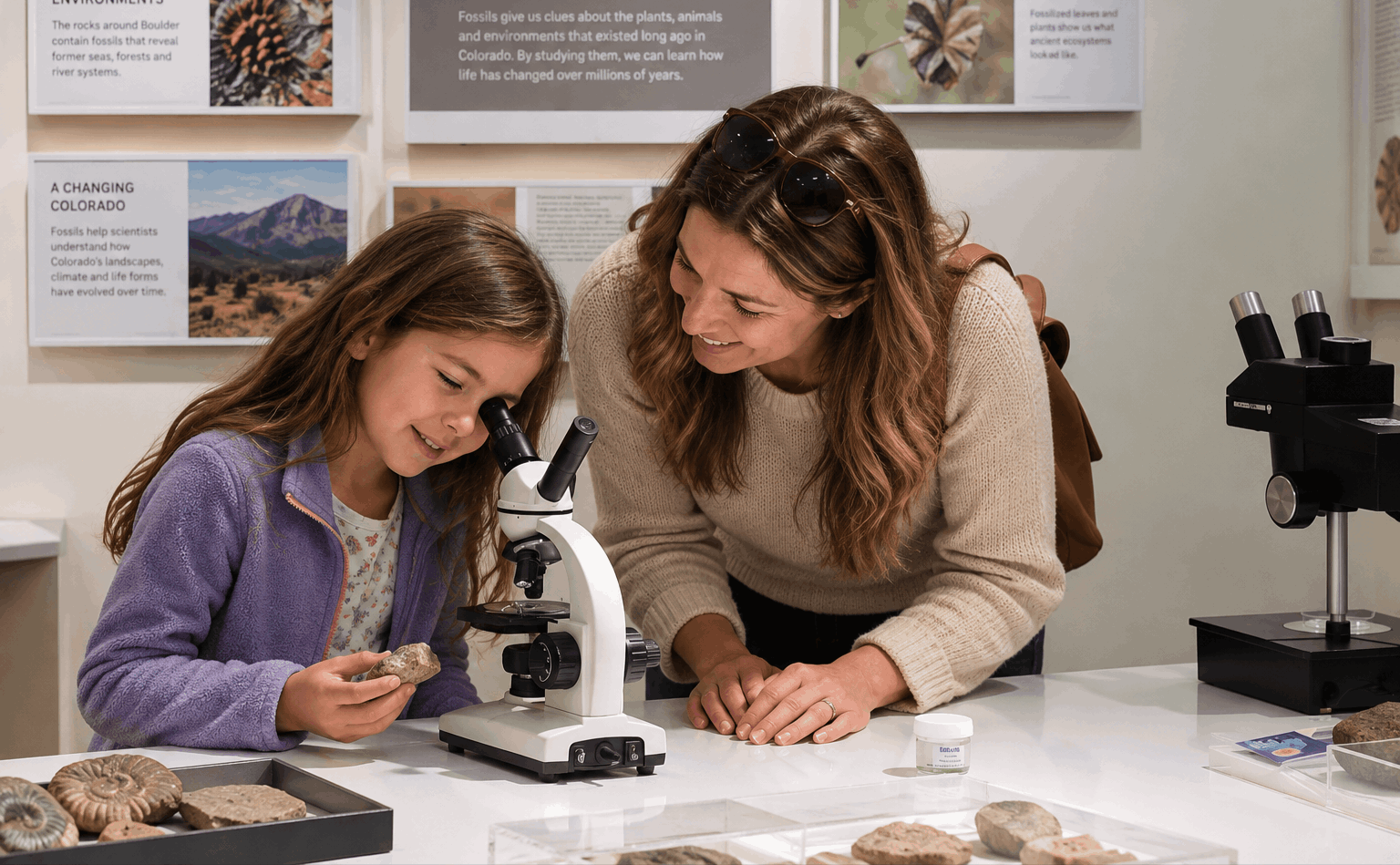 Family exploring a hands-on natural history exhibit at the University of Colorado Boulder