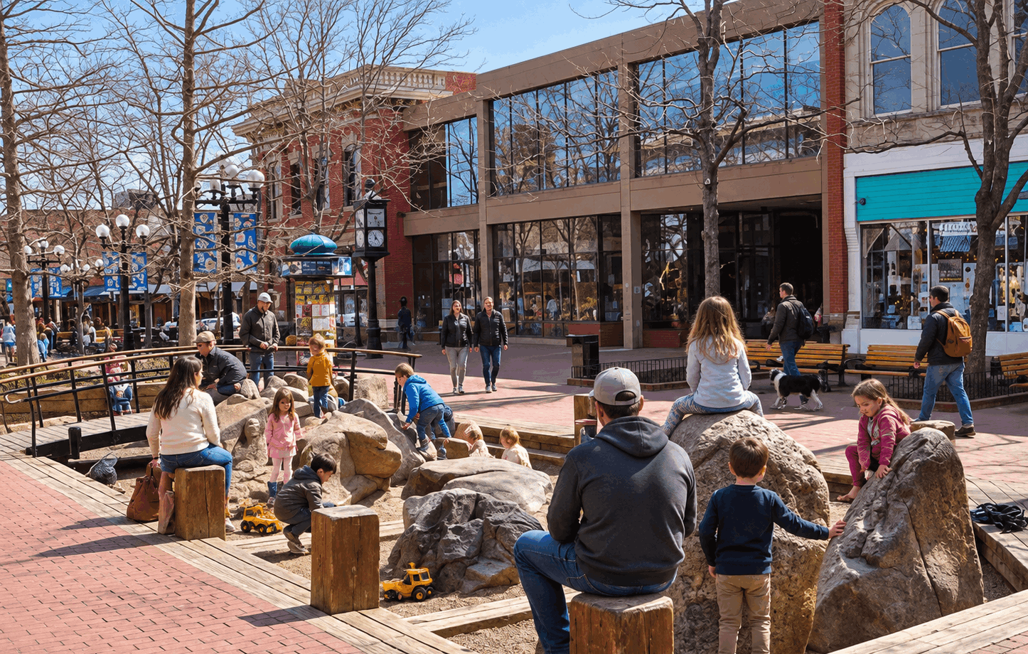 Pedestrians exploring the brick-paved Pearl Street Mall in downtown Boulder, Colorado