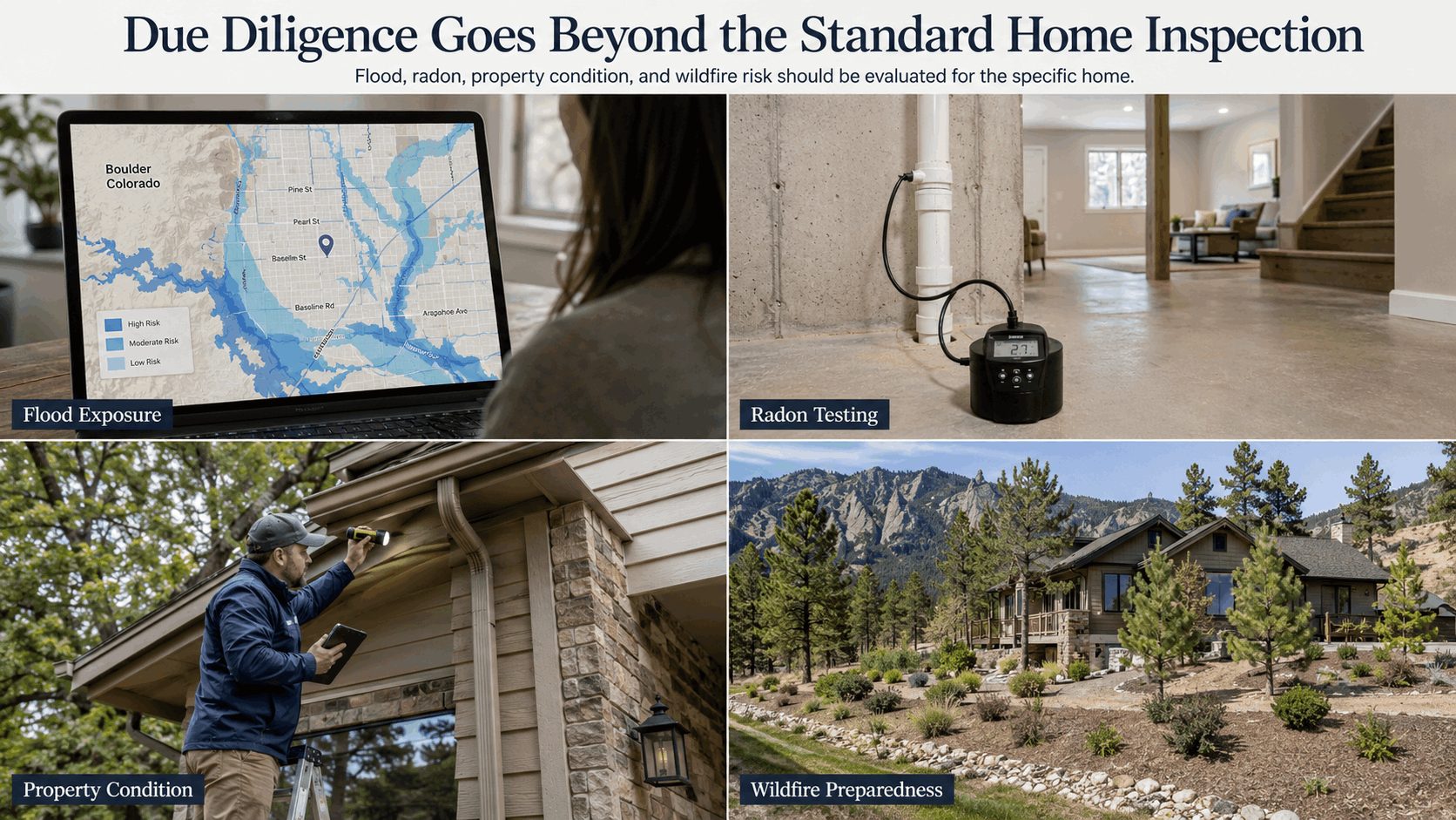 Flood, radon, inspection, and wildfire checks for a Boulder home purchase