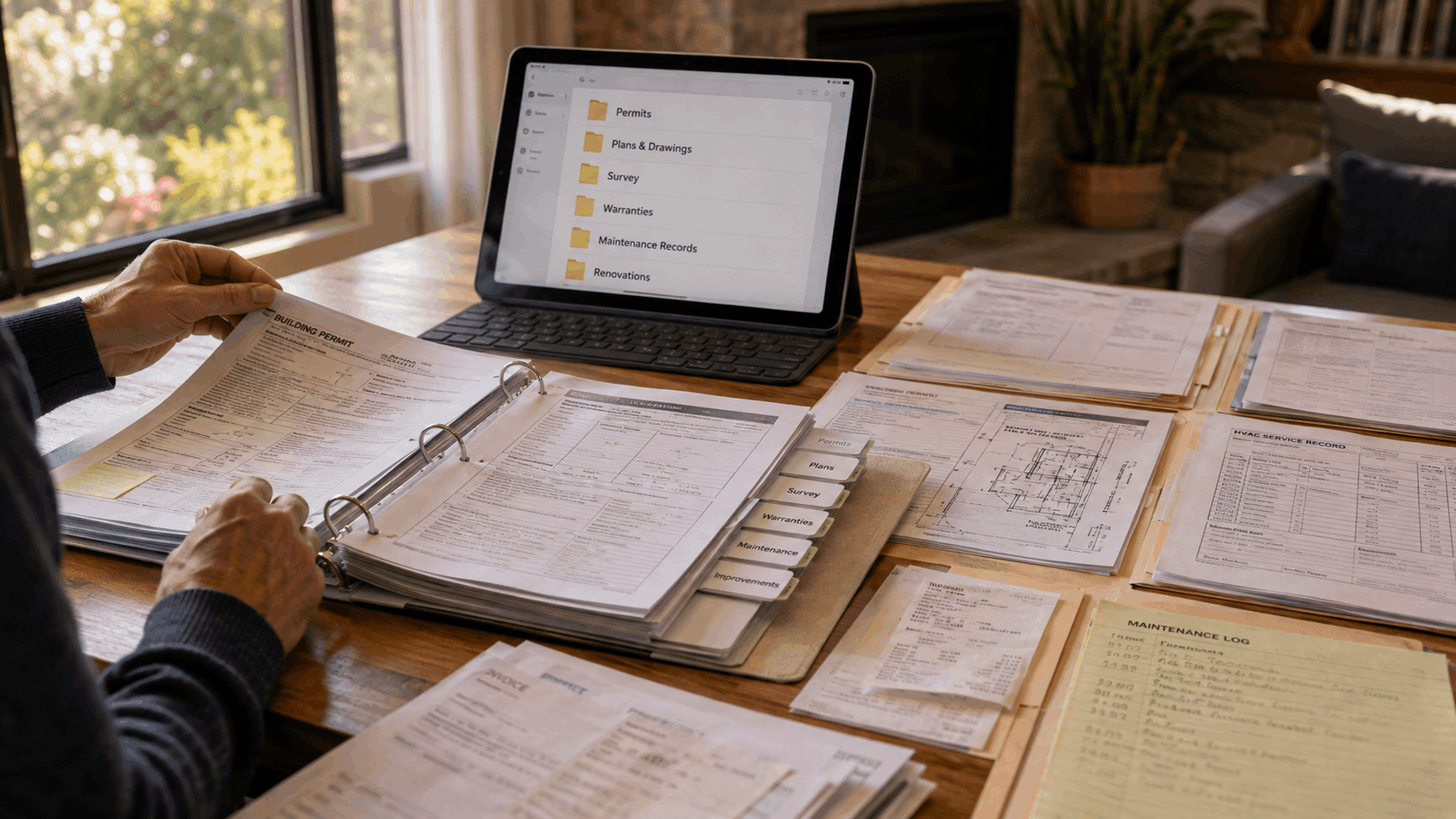 Property records and maintenance documents organized before listing a luxury Boulder home.