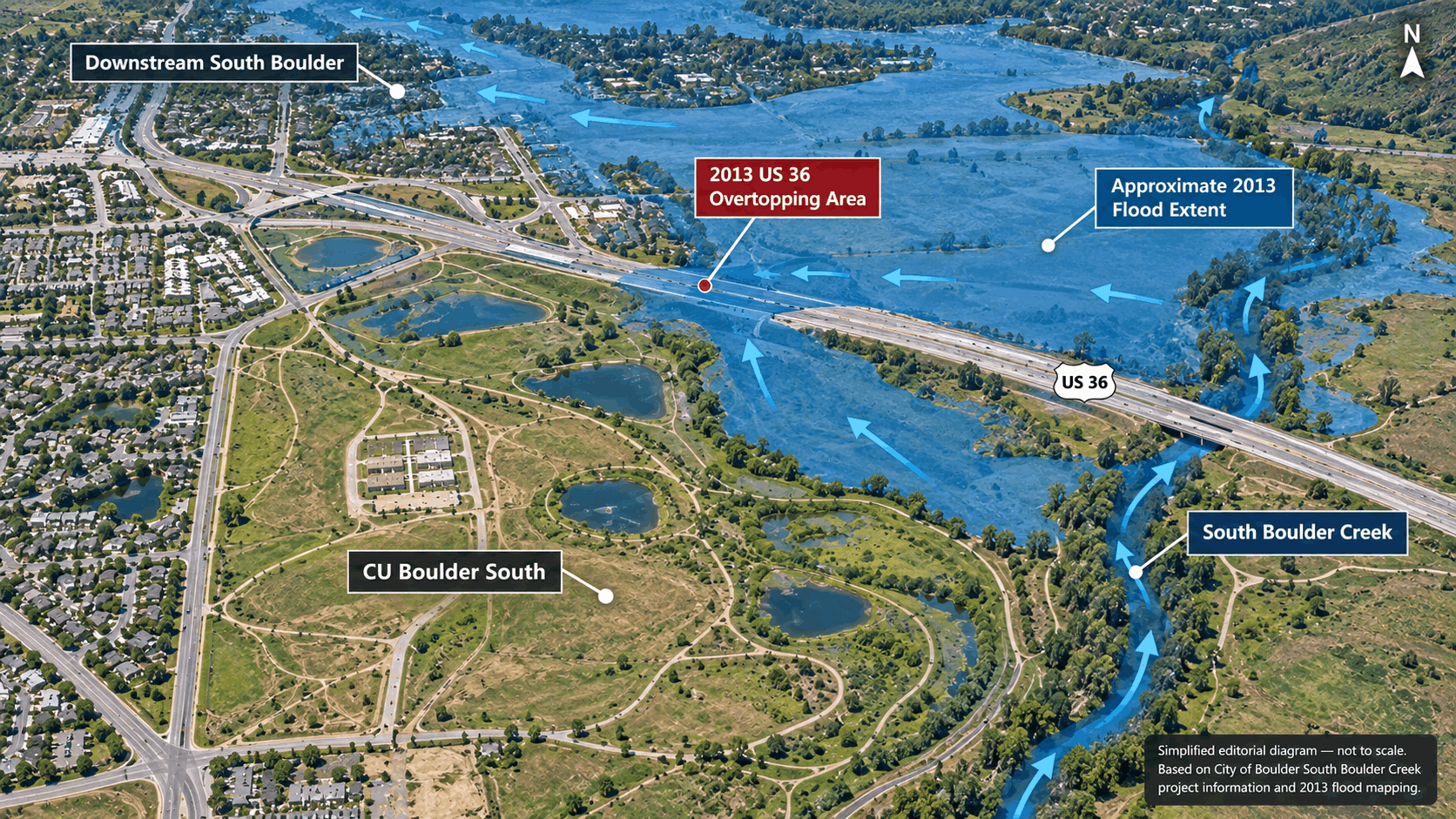 Map of South Boulder Creek and the flood-risk area near US 36 in Boulder, Colorado