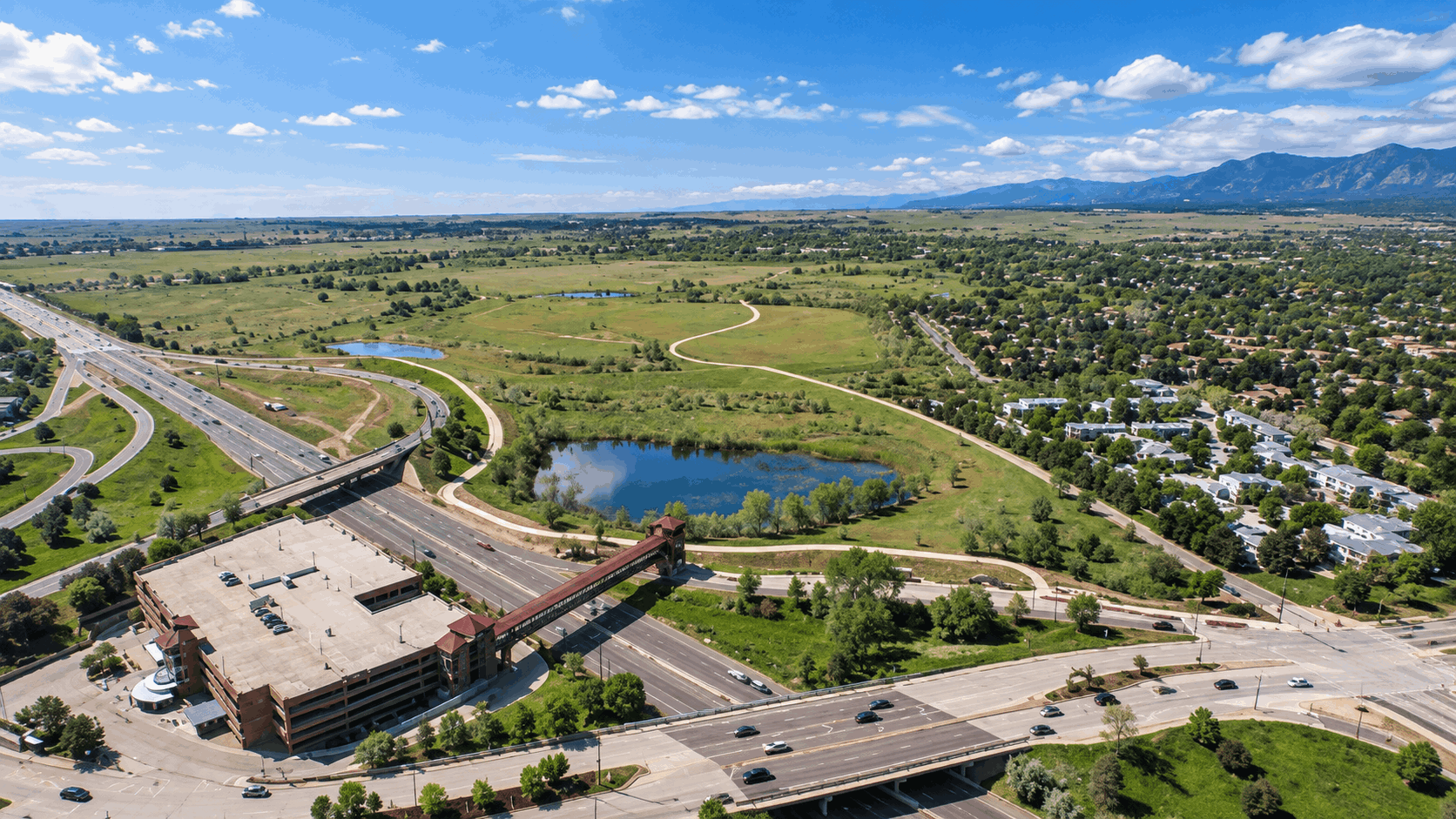 Aerial view of the CU Boulder South property near South Boulder and US 36 before flood-mitigation construction
