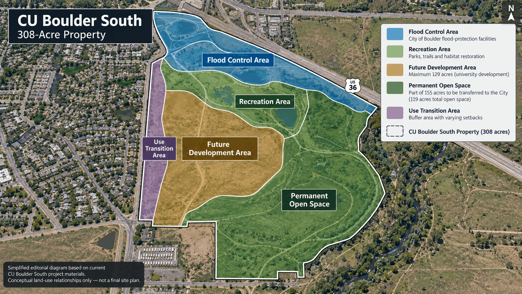 CU Boulder South planning map showing general flood-control, development and open-space areas
