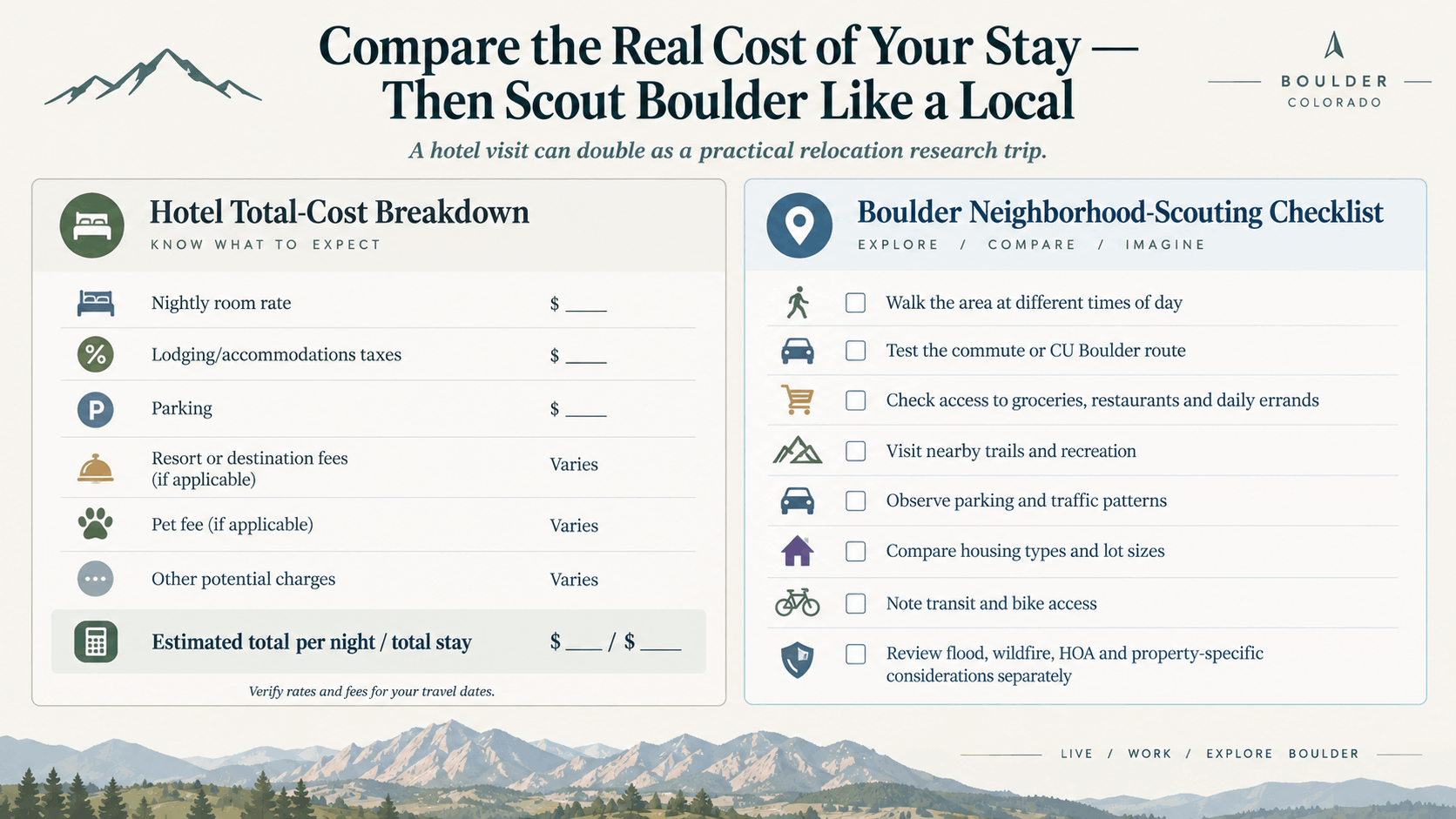 Checklist for comparing Boulder hotel costs and scouting locations before a relocation