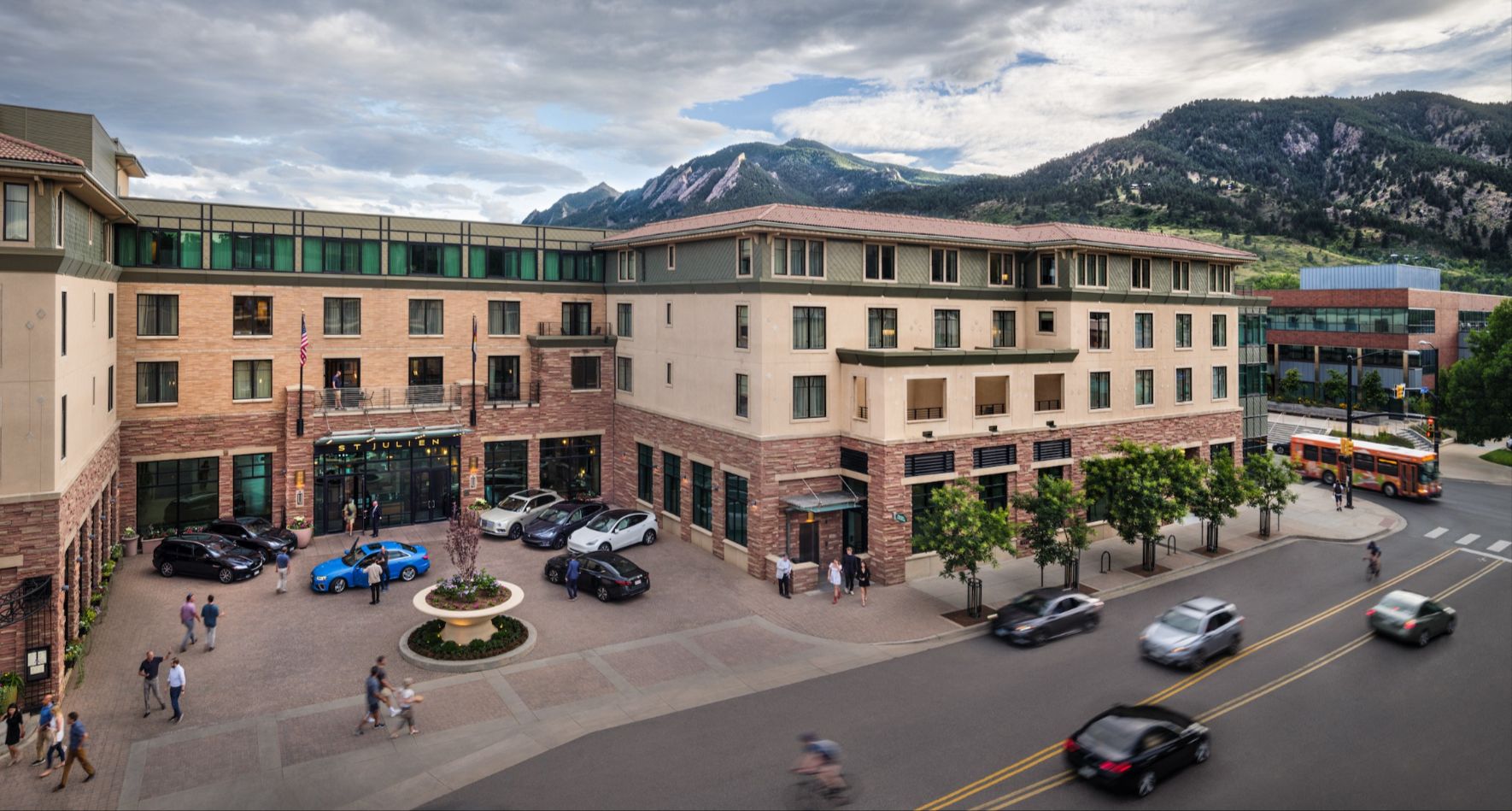Downtown Boulder hotel near Pearl Street during the evening