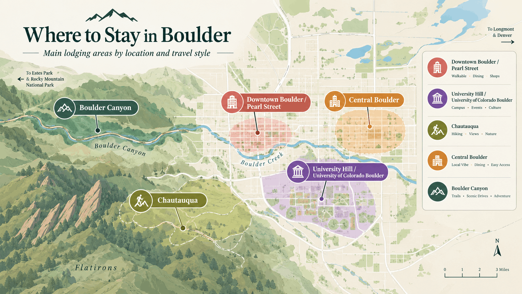 Map showing Boulder lodging areas near Pearl Street, CU Boulder, Chautauqua and Boulder Canyon
