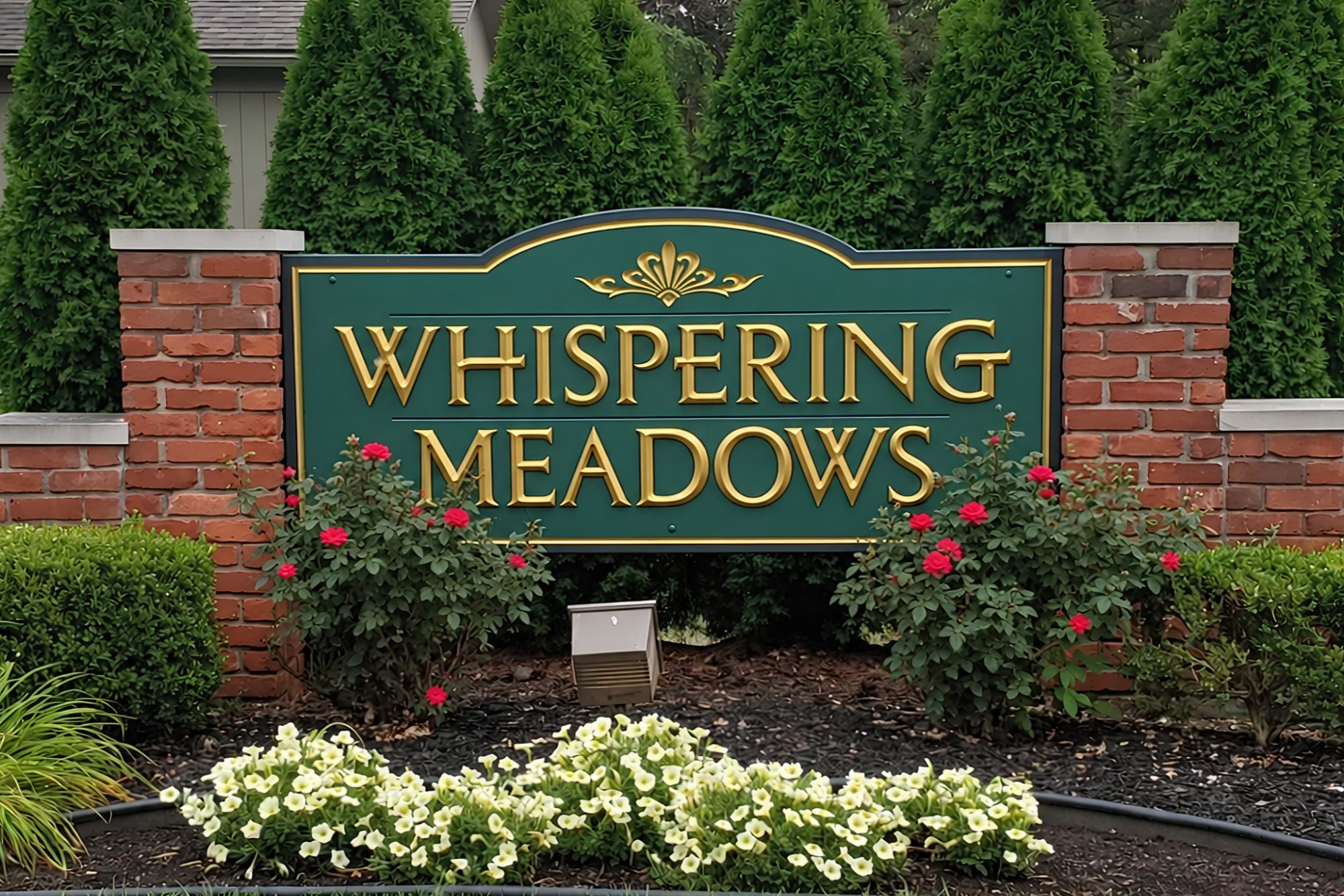Whispering Meadows entrance sign framed by brick pillars, greenery, and flowers in Novi, Michigan.