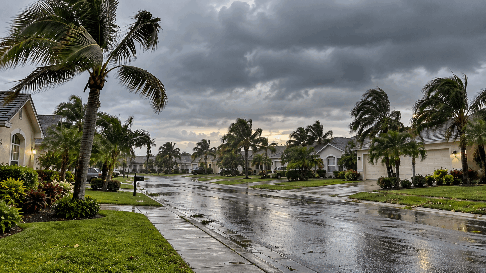 Wind-swept palm trees and a rain-soaked street in a Florida neighborhood under dark storm clouds