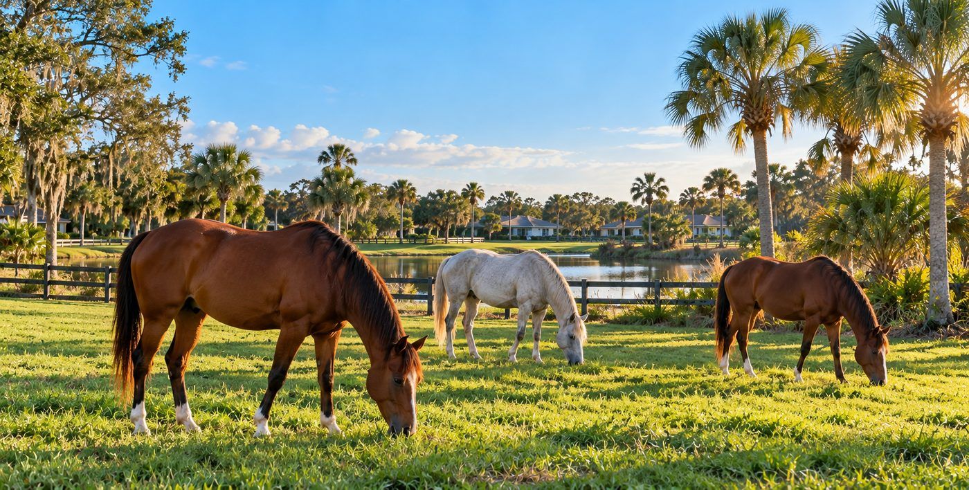 Three horses grazing in a fenced Florida pasture beside a pond, with palm trees and oaks in the background