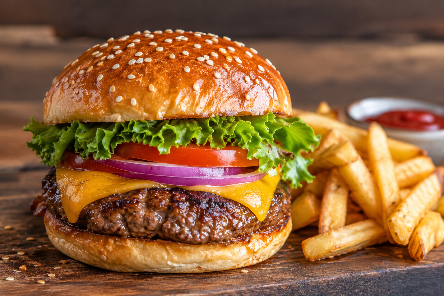 Cheeseburger with lettuce, tomato, red onion and cheddar on a sesame bun, served with french fries and ketchup
