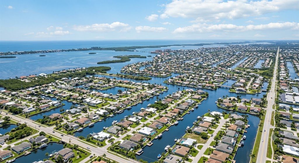 Aerial view of Cape Coral, FL canal-front neighborhoods
