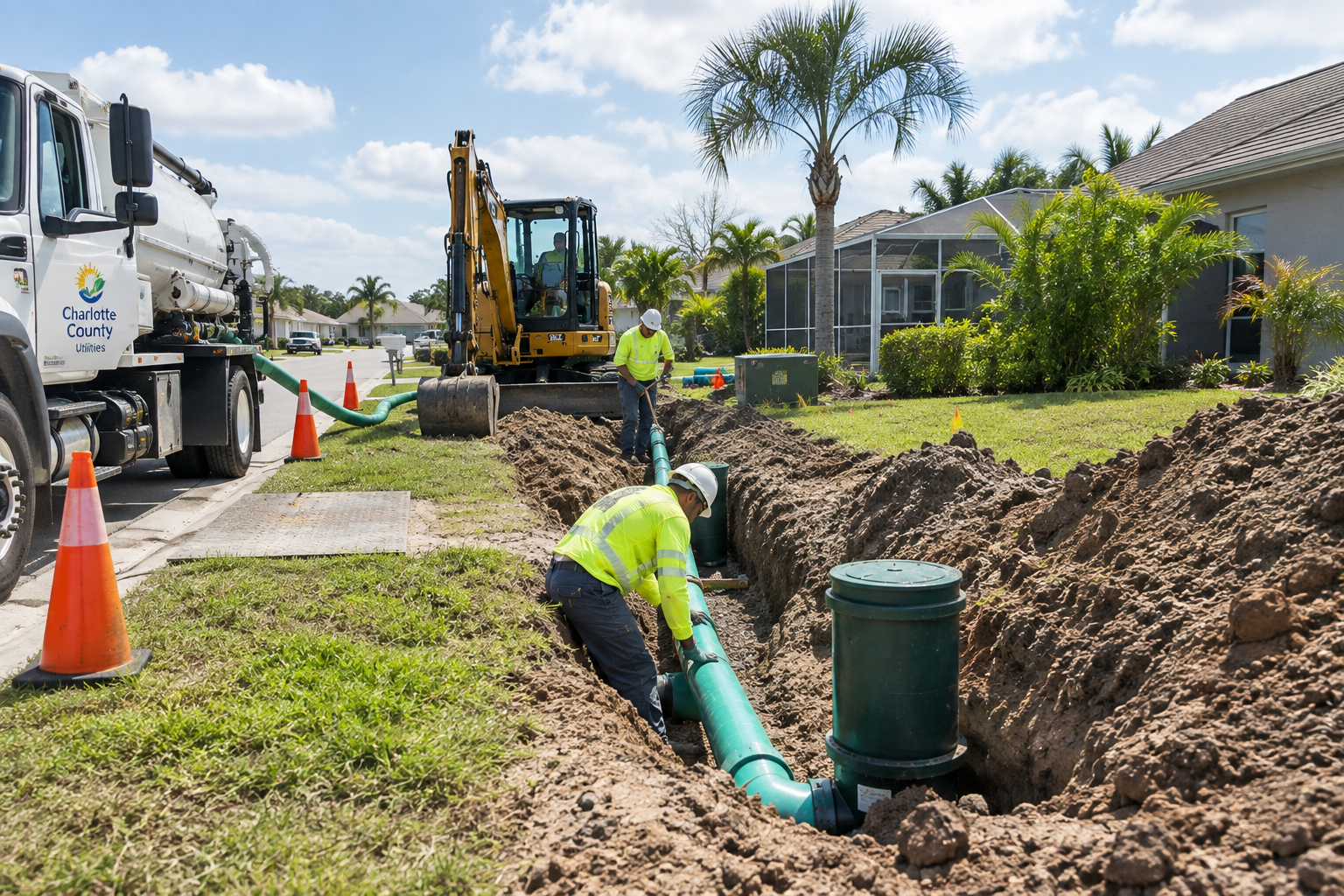 Charlotte County Utilities crew installing green sewer pipe in a residential neighborhood trench, with utility truck and excavator on site