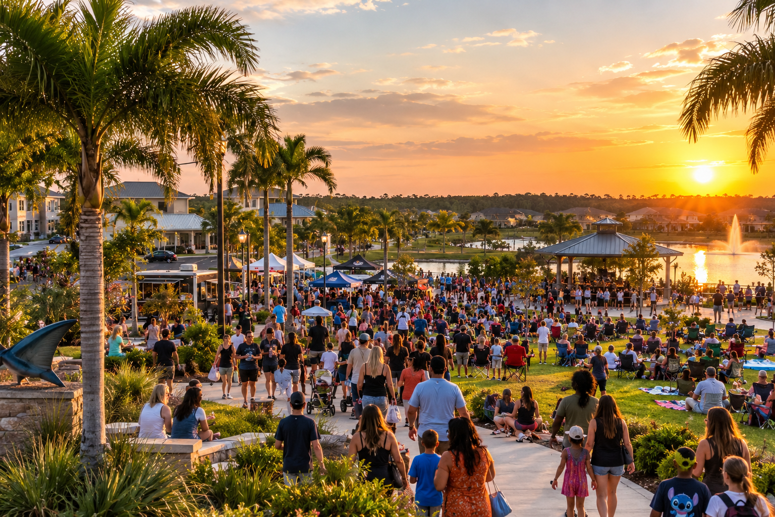 Crowd of North Port residents gathered at a Wellen Park sunset event, palm trees and lakefront pavilion in the background