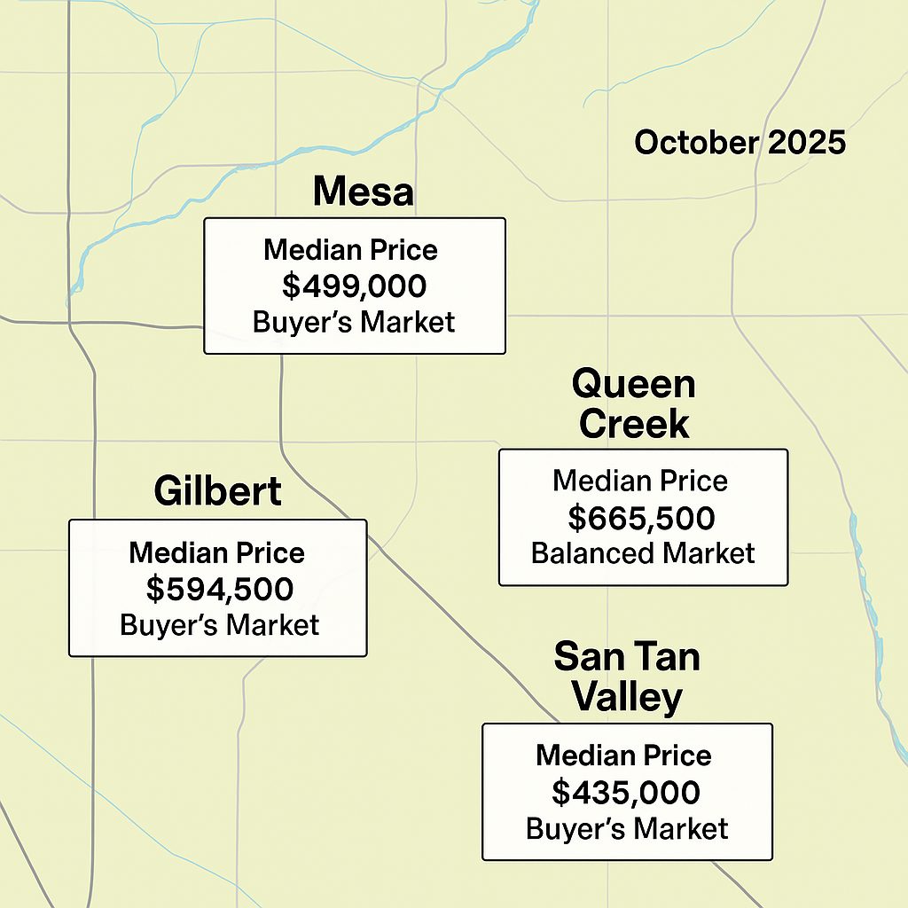 Map comparing Mesa Gilbert Chandler Queen Creek San Tan Valley real estate markets 2025