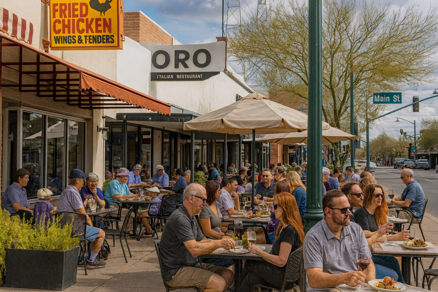 Outdoor patio dining at a local restaurant in Downtown Mesa Arizona during sunset