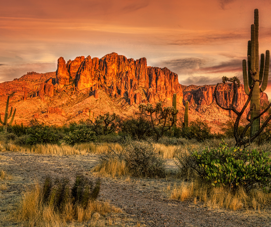 Superstition Mountains near Mesa Arizona showing scenic desert landscape and blue sky, highlighting outdoor living and hiking opportunities. 