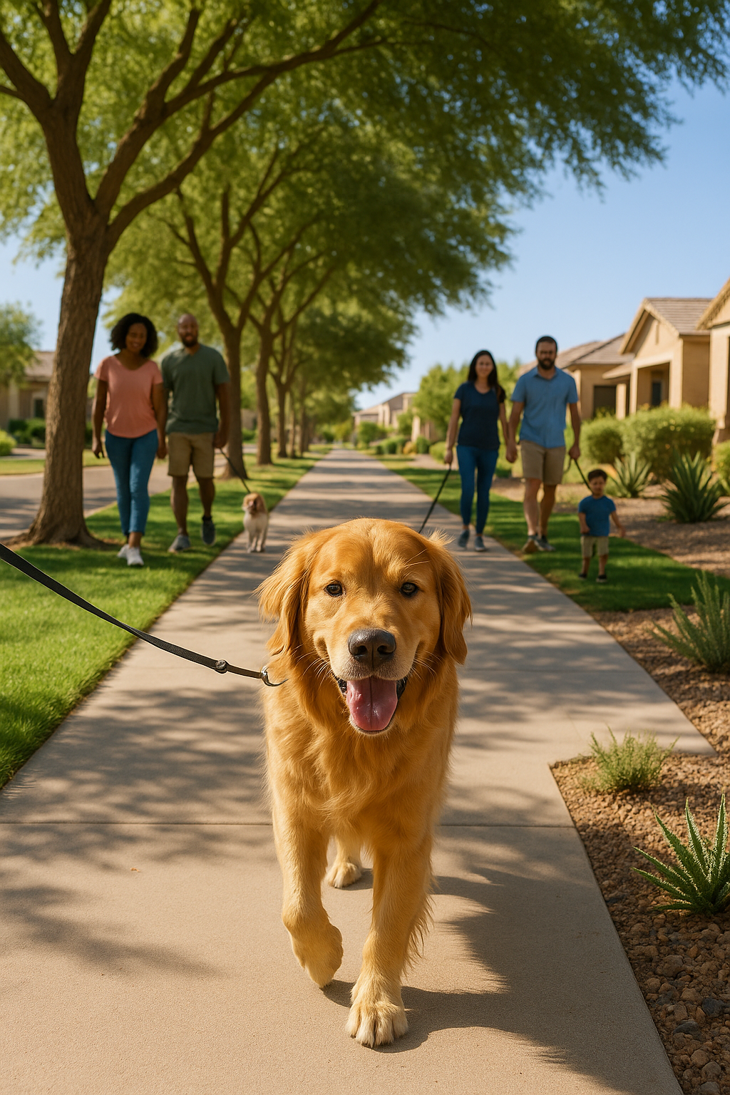 Dog owners walking a pet in a new Mesa Arizona Neighborhood with low maintenance yard