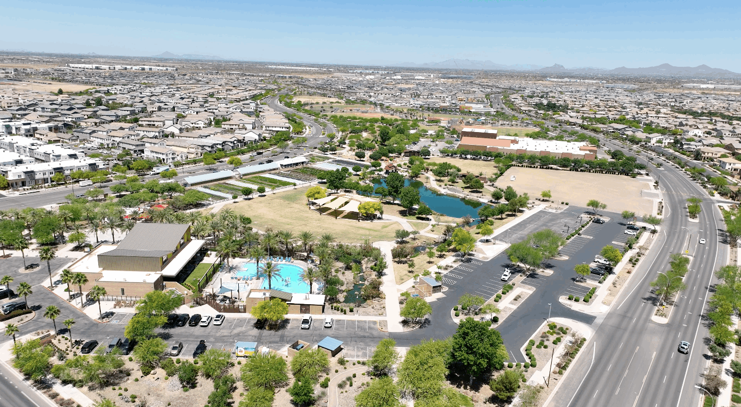 Aerial view of Eastmark neighborhood in Mesa Arizona showing new homes and parks. 