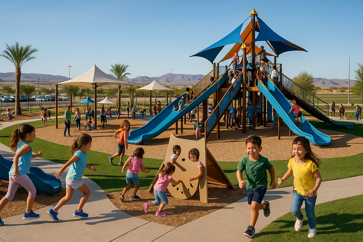 Families enjoying outdoor activities at a park in the East Valley near Gilbert and Queen Creek Arizona.